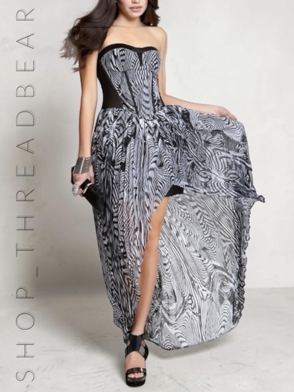 NWOT [Addiction · BEBE] Strapless Black & White High Low Corset Maxi Dress | XS